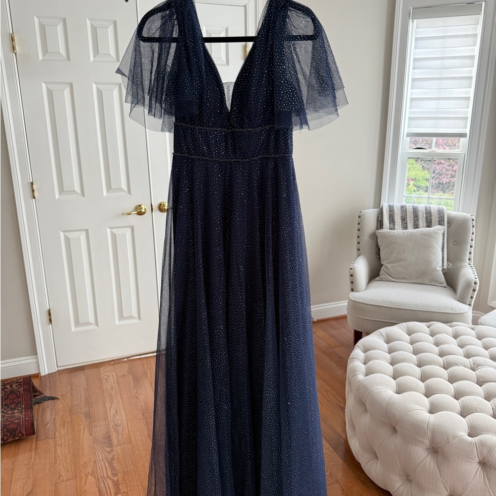 Elegant Navy Blue Gown with Sheer Overlay